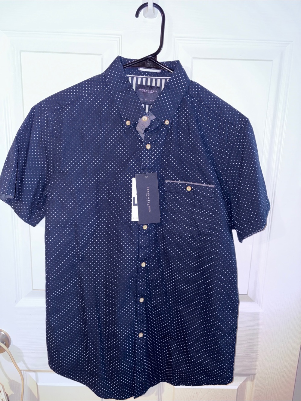 Denim & Flower Navy Short-Sleeve Dot Button-Down Shirt size S
